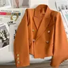 HighQuality Double Breasted Crop Blazer Women Korean Solid Long Sleeve Suit Coat Office Ladies Elegant Short Jacket Female 240417