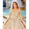 Flare Quinceanera Prinzessin Langarm Kleider Spitze und Satin Champagner Prom Ball Kleid Kristall Perlenboden bodenlange süße 15 Kleid für Mädchen