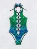 Sätt sexig ihålig ut en bit baddräkt Kvinnor Blue Leopard Print Gradient Bandage Backless Bikini Bathing Suit Thong Badkläder 2024