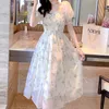 Summer White Szyfonowa długa sukienka swobodna impreza kwiatowa eleganckie bajkowe sukienki z krótkim rękawem dla kobiet słodkie ubrania 20044 240424