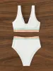 Set 2023 Sexy Strape Tape Swimsuit Femmes Solid High Waist Bikini Set Vneck Swimwear Femelle Bathing Femed Bathing Firm Swimming Beachwear