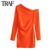 TRAF女性ファッションスプリング長袖フォールド白い非対称ドレスフランスのシックな女性セクシーミニイブニングドレス240424