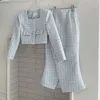Kleine geur tweedelig sets vrouwen mode elegante tweed lange mouw crop tops jas hoge taille bodycon rokken pak 240425