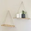 1PC Wooden Swing Hanging Hemp Rope Wall Shelve Mounted Floating Home Living Room Plant Flower Pot Tray Storage Garden Decoration 240513