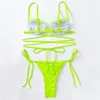 Women's Swimwear Bikini Set Sexy Neon Green Push Up Micro Thong Bikinis Women String Cross Lace-up Swimsuits Bathing Mini Biquinis