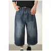 Jeans para hombres Nicho de verano versátil Americano Retro Retro Azule Blue Dephinim Men sueltos rectos de pierna ancha pantalones recortados con drapeado