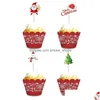 Inne imprezy imprezowe 24/48pcs Cartoon Christmas Cake Topper Santa Claus Tree Cupcake na rok Noel Navidad D Dhwh7