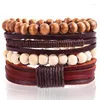 Bracelets de charme 4pcs/conjunto hippie punk cera embrulhado nó de couro marrom bege de madeira camadas de pulseira empilhável pulseira de pulseira para homem