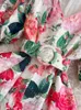 Party Dresses Summer Gorgeous Flower Printing Elegant Holiday Puff Sleeve V-Neck Slim Belt High Waist Bohemian Robe Long Vestidos