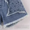 Sommerkinder Kleidungsstücke Mädchen Rüschen ärmellose Tops Strasssteine Quastenstars Denim Shorts 2pcs Fashion Kids Casual Outfit Z7926