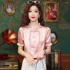 Blouses pour femmes Couleur solide de style chinois Jacquard Shirt Retro 2024 Summer Pullover Blouse Stand Collar Short Sleve Women Tops