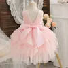 Mädchenkleider süße rosa flauschige Prinzessin Geburtstag Kostüm Spitze Blume Weihnachtskleid Casual Wear Kinder Tüll Kleidung 2-6T