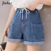 Frauen Denim Jeans Frauen Mode Vintage High Taille Blue Quaste Drawess Lose Sommer Weitbein Frauen Taschen S-5xl 240418