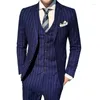 Men's Suits 3 Pcs Jacket Pants Vest Suit Set / Gentleman Slim Fit Stripe Blazers Coat Trousers Waist Male Wedding Dress Groomsmen Clothes