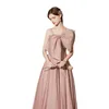 Robes de fête rose satin au large des épaules robe de soirée Femme Big Bow perle à lacets glissade