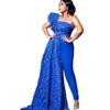 Blue Jumpsuits Royal Prom Prom 우아한 드레스 여성 1 개의 어깨 민소매 긴 Peplum 아랍어 스팽글 공식 이브닝 가운 맞춤형 말