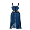 Casual Dresses Summer övergripande remmar klänning för kvinnor koreansk stil ärmlös blixtlås slim split denim hängslen kvinnlig sjöjungfru