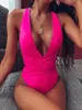 Kvinnors badkläder biniki One Pieces Sexig solid baddräkt Kvinnor Push Up Lace Bandage Bodysuit Deep V-Neck Bathing Tankini Monikini 2024