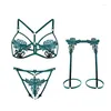 Bras Sets Sexy Lingerie Set Women Three Point Steel Tray Gathering Strap Rose Pearls Printed Bra Mini Open Crotch Lace Underwear