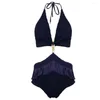 Solidny kolor wiszący szyi decipel One Piece Swimsuit Seksowne wycięte bikini Blue Luxury Sakodwear Kąpiec Kąpiec plażowy 2024