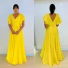 Elegant yellow Mother Of The Bride Dresses v neck back chiffon Wedding Guest Dress appliqued peplum ruffle floor length Evening Gowns