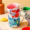 Tasses mignonnes tasse de petit-déjeuner en céramique peints à la main 450 ml de fleurs motif lait milbe tasses de café sous-glaçure Pot en porcelaine Beau cadeau pour ami J240428