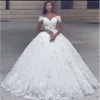 Arabic Ball Wedding Sweetheart 2018 Dresses Off Shoulder 3D Flowers Beaded Pearl Lace Princess Floor Length Puffy Plus Size Bridal Gown