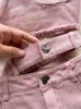 Summer Pink Denim Sexy Mulheres Conjuntos de Zipper elegantes Tops Sashes Button Pocket Irregular Slash Neck Slim Duas peças Conjunto 240422