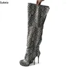 Boots Sukeia Women Winter Thigh Snake Pattern Unisex Stiletto Heels Round Toe Black Party Shoes Ladies US Size 5-20