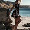 Lässige Kleider Koralle für Frauen Frauen Fashion Print Mini Sexy V-Ausschnitt Sling von Schulter Rüschenkleid Damen Swing