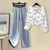 Autumn Letter Print Lace Up T-shirt Hög midja och breda ben Jeans Tvådelar Set Eleganta Womens Pants Set Female Tracksuit 240423