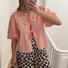 Women's Blouses Xingqing Babydoll Shirts Y2k Clothing Women Casual Solid Color Tie Front Short Sleeve Cardigan 2000s Tops Streetwear