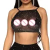 Bras stelt vrouwen uit Hollow Out Mesh 2pcs Set Shiny voor Rhinestone Halter Top Sexy Sheer Mini S