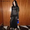 Lässige Kleider 2024 Frauen sexy hohles Mesh Long Dress Night Club Streetwear Elegant Turndown Kragen Knöpfe Durchsichtige Party Kleidung