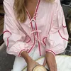 Blouses pour femmes Fashion Pink Plaid Shirts Femme 2024 Printemps Été Femme élégante Chic Lady Sweatheart Tops Longue à manches longues Lace Up