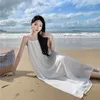 Casual klänningar 2024 Kvinnor Summer White Mori Fairy Sling Big Swing Chiffon Dress Bohemian Off the Shoulder Seaside Semester sundress