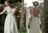 2019 szyfonowa koronkowa letnia kolekcja Sheer Suknie ślubne długie rękawy Bateau Backless Długość podłogowa sukienki plażowe tanie 7669493