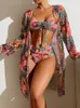 Женская пляжная одежда 3 куска наставлена в рукавие бикинилонг сетка сетки grayblueyellowwhitepurplepinkgreenrose купальный костюм 240417