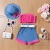 Summer Little Girls Clothes Set Kids Dew Shoulder Plush Tops Denim Shorts Love Heart Buckle Belt Bows Hat 4st Sweet Children Outfits Z7928