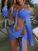 Swimwear de mujeres 4 PCS Azul Bikini Set Swimsuit Sexy Winte Waisted Skirt Tops y Mini Shorts Trajes de baño de playa casual