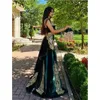 Dark Elegant Veet Dubai Green Evening Dresses Removable Skirt Arabic Side Split Mermaid Prom Gowns Appliques Gold Lace High Neck Algerian Moroccan Kaftan Outfit