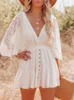 Vestido de encobrimento de praia de túnica de renda branca para mulheres de meia manga Bodycon, elegantes, roupas de mulher Ropa Mujer 240424