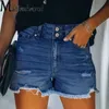 Kvinnors hög midja skarvknapp Tre kvart byxor mode trend trasiga hål streetwear kvinnliga sommar casual denim shorts 240418