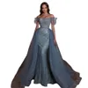 2024 Evening Dresses Wear Dusty Blue Off Shoulder Spaghetti Straps Mermaid Sweep Train Sequined Lace Crystal Beads Plus Size Prom Gowns Party Dresses Overskirts