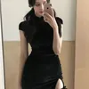 Sukienki imprezowe seksowne czarne aksamitne szeongsam mini sukienka kobiety letnie bandaż szczelinę hem bodycon wieczór qipao ciemne gotyckie ubrania