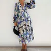 2023 الخريف الطويل الأكمام الحفلات فستان عارض عالي الخصر Maxi Ladies Vneck Ploral Print Bohemian 240419