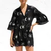 Casual Dresses Women's Black Dress 2024Moon Sun Print V-neck Tiered Ruffle Cotton And Linen Sexy A-line Party Club Vestidos For Women