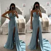 Haze Blue Mermaid Prom Dress V Strapless aftonklänningar Elegant rygglösa satin Formella klänningar för svarta kvinnor delade Long Robe de Soiree