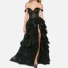 Prom sweetheart zwarte jurken vintage van de schouder a-line appliques kanten pailletten sexy hoge spleet vloer lengte formele avondjurken gelaagd