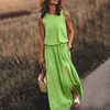 Kvinnors sommarlånga klänning avslappnad solid ärmlös delad bomullselastik midja elegant maxi vintage harajuku lös sundress 240426